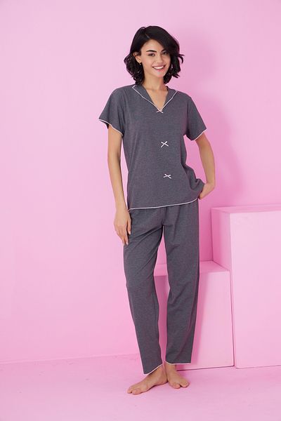 Siyah İnci Anthracite Bow Crew Neck Knitted Pajama Suit7871