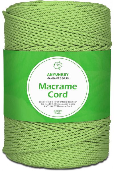 ANYUNKEY Macrame Craft Roll, Cotton, Green, 400m X 3 Mm