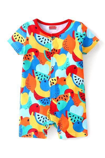 Babyhug Babyhug 100% Cotton Knit Half Sleeves Romper Orange Print - Multicolor