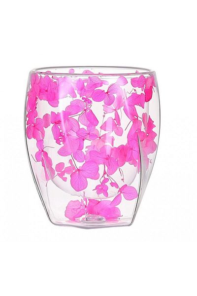 ECARLA Pahar de sticlă, pereți dubli, flori uscate, hortensie roz, 250 ml
