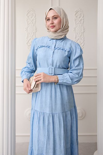 InStyle Rochie din viscoză albastră cu plăcuță cu volane
