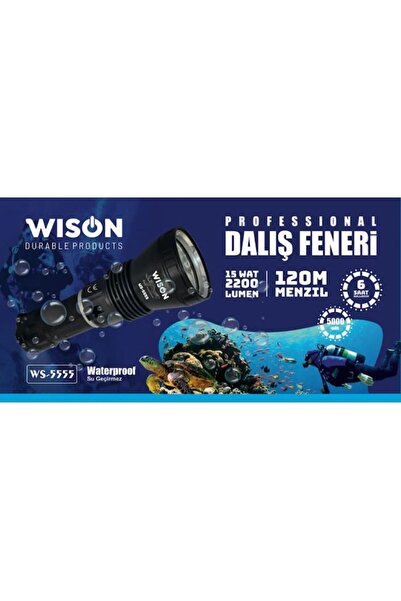 Wıson Ws-5555 Şarjlı Su Altı Dalış El Feneri 120 Menzil 15w 2200 Lümen