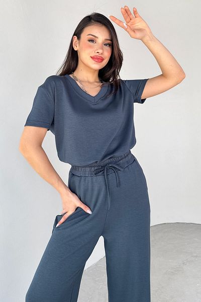 Cappmoda Tkm-13261 Smoked V-Neck T-Shirt High Waist Loose Pants Two-Piece Set