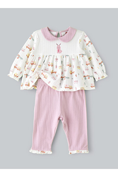 Basicxx طقم بلوزة ببلوم مطرزة على شكل أرنب وبنطال ضيق مضلع للفتيات