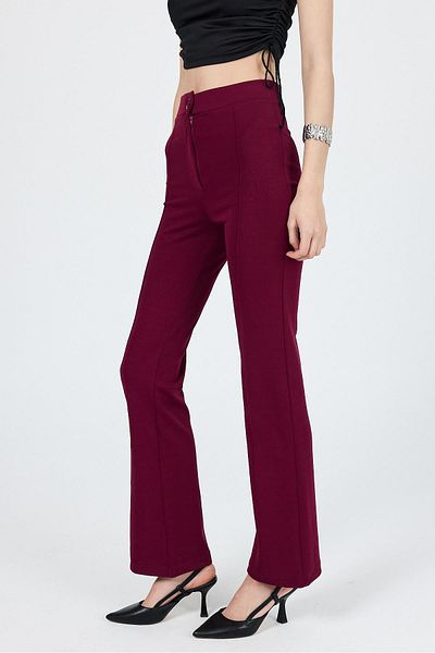 Rays Straight/Straight Cut High Waist Rib Stitching Knitted Trousers Burgundy