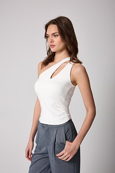 AMİDA Γυναικεία Λευκή Μοντάλ Μικτή Χαμηλή Ασύμμετρη Μπλούζα - 2516