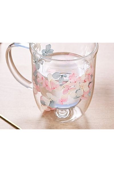 ECARLA Cană cu flori uscate, pereți dubli, sticlă borosilicată, izolație termică, hortensie, 300 ml