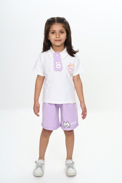 Toontoy Girl's Polo Neck Chest Printed Shorts Suit