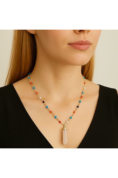 ECARLA Necklace with colored stones and pink pendant, made of stainless steel, 14K gold plated, Ecarla