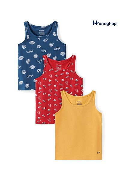 Honeyhap Honeyhap Premium Cotton Elastane Sleeveless Vests Pack Of 3-Sunset Yellow High Risk Red&Mykonos Blue