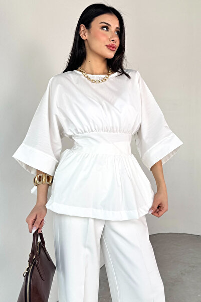 Cappmoda Blz-06285 White Round Neck Double Sleeve Side Zipper Pleated Blouse