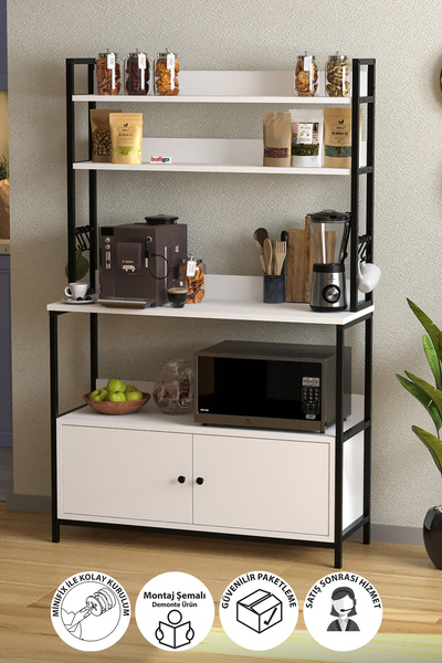 Bofigo Mutfak Standı 2 Kapaklı 5 Raflı Kahve Köşesi Mutfak Rafı Mutfak Bangosu Etiyopya Beyaz