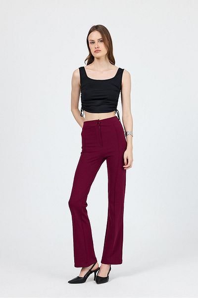 Rays Straight/Straight Cut High Waist Rib Stitching Knitted Trousers Burgundy