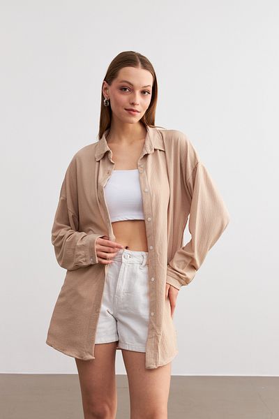 Trendseninle Γυναικείο Μπεζ Oversize Μακρύ Πουκάμισο