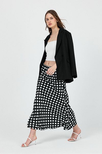 Rays Fusta midi din satin cu model cu buline negre 9416