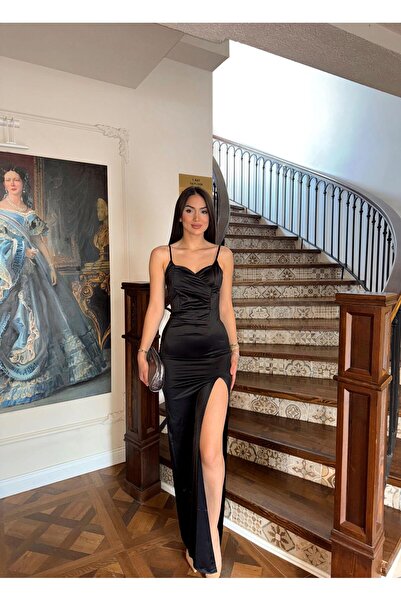Sindimoda Siete İp Askı Yırtmaçlı Saten Abiye 582177