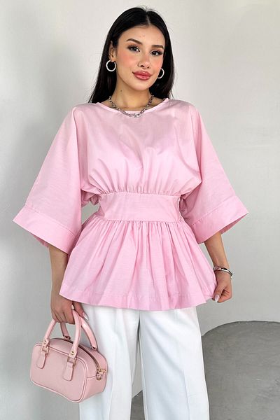Cappmoda BLZ-06285 Πλισέ μπλούζα με φερμουάρ σε σκόνη ροζ στρογγυλή λαιμόκοψη