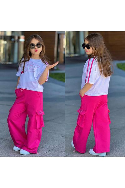 sinmm Girl's Tracksuit Set Hey Printed Strip Detail 2-Piece Set Fuchia Color Snm03