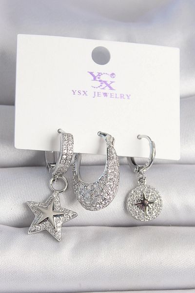 Clariss Brass Silver Color Zircon Stone Star Model Pole Star Engraved Detail 3-Piece Women's Combination Earrings