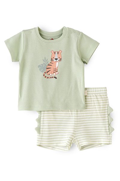 Basicxx Boys' Tiger Print T Shirt & Striped Dino Back Shorts Set