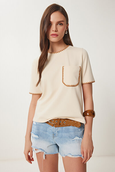 Lovelyİstanbul Πλεκτό μπλουζάκι με ρίγες αντίθεσης CREAM LTP0013