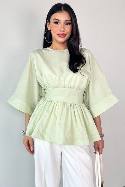 Cappmoda Blz-06285 Mint Green Round Neck Double Sleeve Side Zipper Pleated Blouse