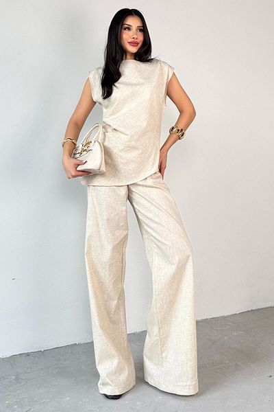 Cappmoda Tkm-13260 Stone Color Asymmetric Cut Pleat Detailed Blouse Loose Trousers Double Set