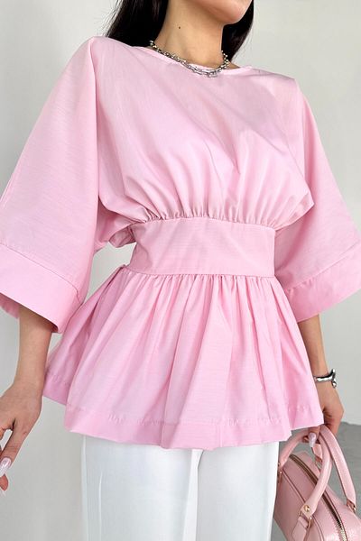 Cappmoda BLZ-06285 Πλισέ μπλούζα με φερμουάρ σε σκόνη ροζ στρογγυλή λαιμόκοψη