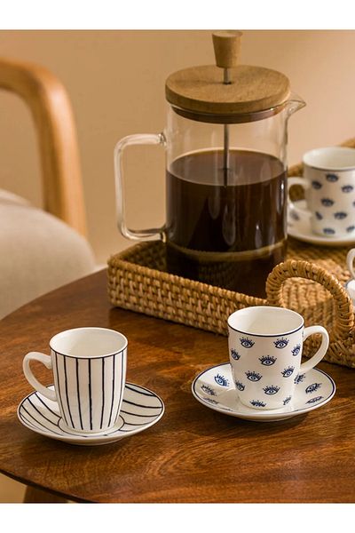 LC Waikiki Lcw Home Blue Printed 2-Person Porcelain Coffee Cup Set 90 ml