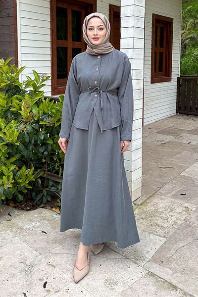 Ovn. Stylish Suit with Bat Sleeve Fit Skirt - Gray