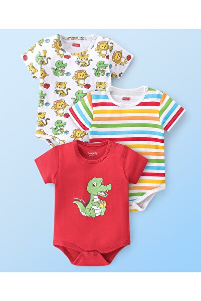 Babyhug بيبي هاج، طقم من 3 قطع، قطن 100% محبوك، نصف كم، مخطط ومطبوع عليه جلد ...