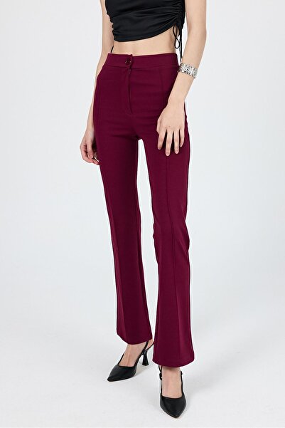 Rays Bordo Straight/Düz Kesim Yüksek Bel Nervür Dikişli Örme Pantolon 6873