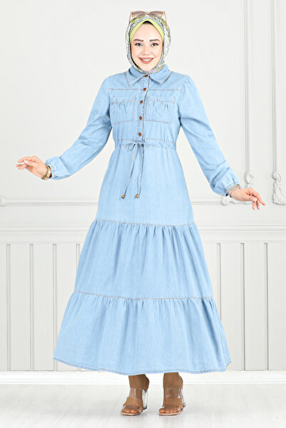 ModaMerve Rochie din denim cu manșetă elastică 25019MTS1095-M Denim deschis