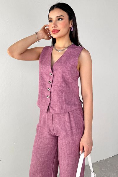 Cappmoda TKM-13266 Λιλά Λινά Ασημένιο Γιλέκο Ψηλόμεσο Παντελόνι Δυο Σετ