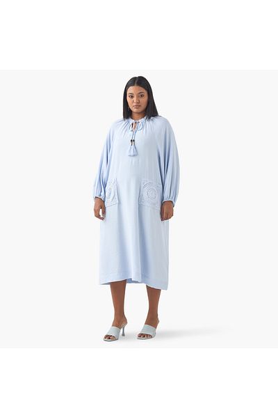 Ulla Popken Plus Size Ulla Popken Crochet Pocket Dress with Tie-Up Neck