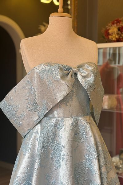 Lenta Moda Ice Blue Low Sleeve Patterned Brocade Fabric Midi Length Evening Dress and Evening Dress