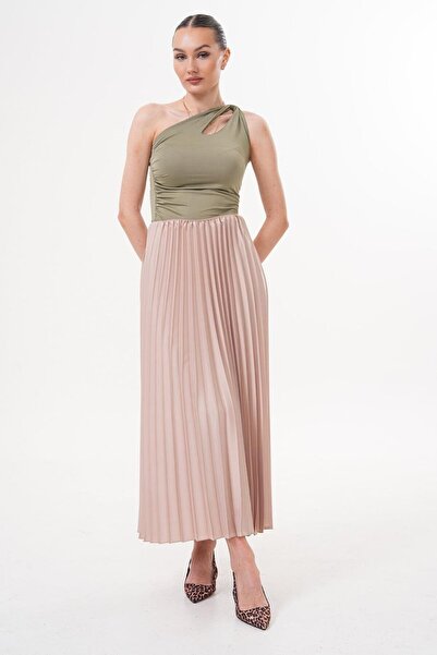 Flame İstanbul Butik Fusta bej plisată din satin cu talie elastică - SRP9438