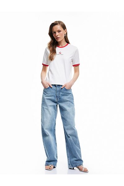 Koton Tricou din bumbac cu mânecă scurtă, cu decolteu, cu imprimeu cireșe