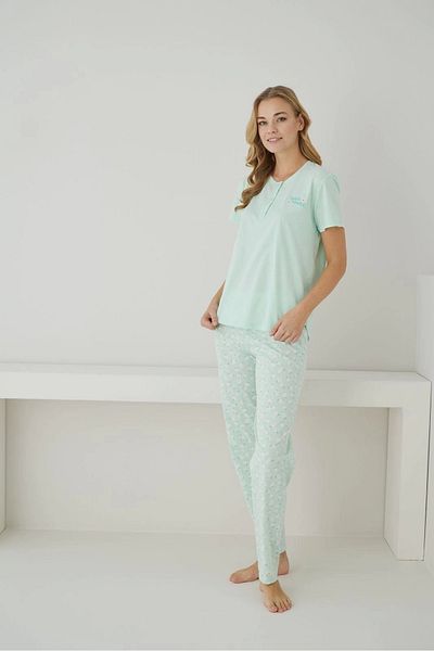 Pijamoni Single Jersey Fabric Button Collar Short Sleeve Pistachio Green Pajama Set - 2552