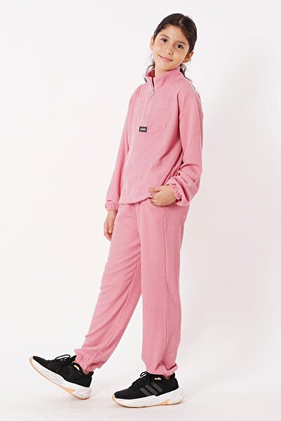 zepkids Dried Rose Colored Turtleneck Crest Detailed Zippered Girl's Tracksuit Set