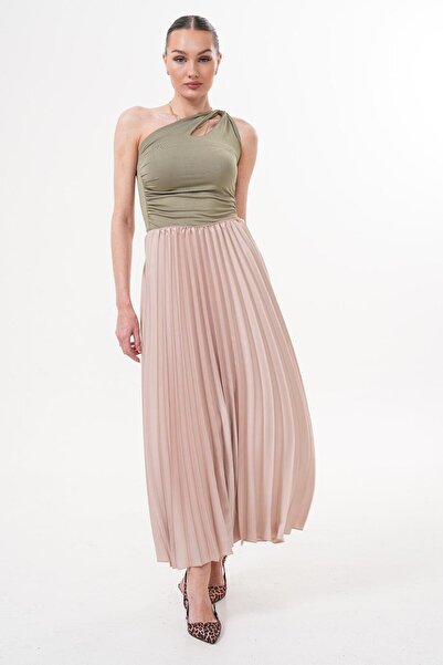 Flame İstanbul Butik Fusta bej plisată din satin cu talie elastică - SRP9438