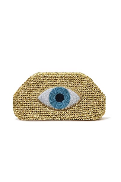 B Made Göz İşlemeli Gold Parlak Clutch Çanta