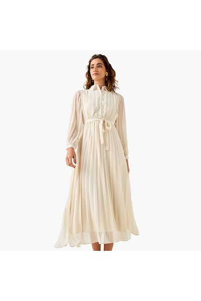 FAV Pleated Midi Dress with Collar and Tie-Up Belt