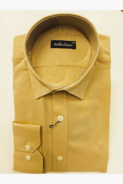 ATİLLA ÖZER Βαμβακερό ύφασμα Damask με μουστάρδα κίτρινο χρώμα 65% Slimfit μακρυμάνικο χωρίς τσέπη