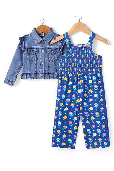 Babyhug جمبسوت من قماش الجيرسيه المحبوك من Babyhug، مزين بتفاصيل زهور مطبوعة، بأكمام طويلة، جاكيت جينز - أزرق