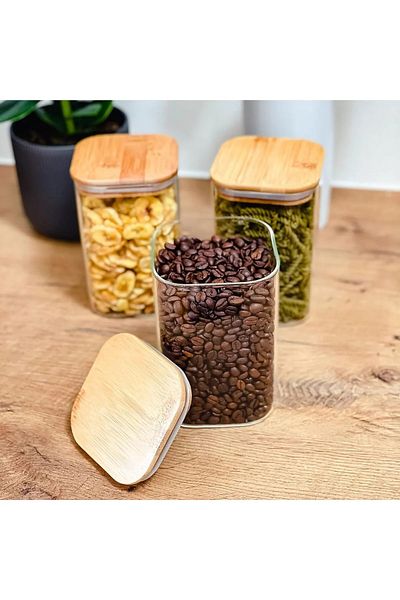 Kuka Glass Storage Container with Bamboo Lid Large Size Set of 2 16X8X8 1000 ml