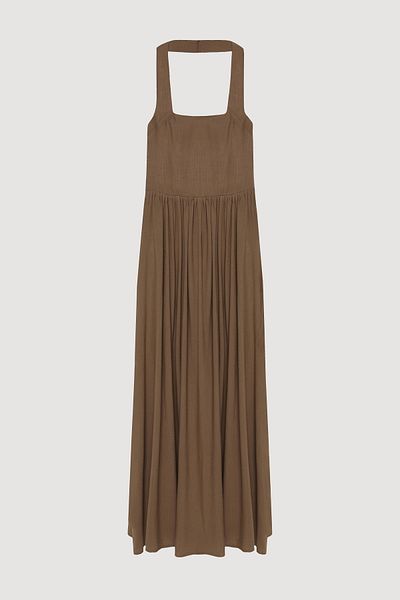Quzu Thick Strap Backless Linen Dress Brown