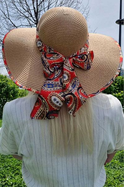 Mood Agenda Women's Wide Brim Paisley Scarf Detailed Straw Beach Hat