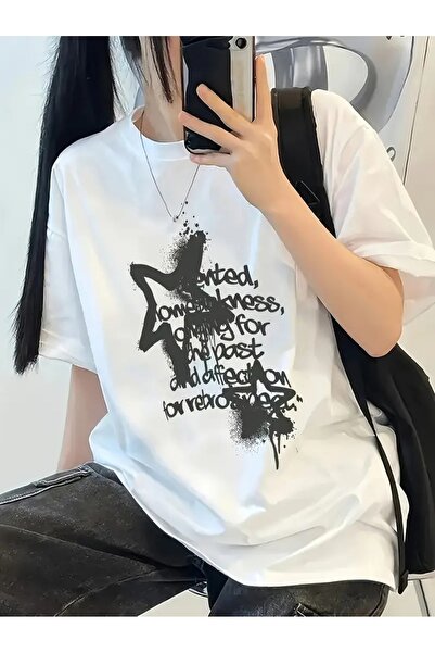 AN Trend Moda Tricou - Alb cu design cu stele și litere negre, mânecă scurtă ...
