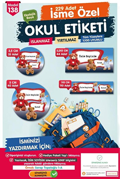 TUĞSET Okul Etiketi Kalem Defter Etiketi Özel İsim Yazılabilen Etiket Seti - İsim Etiketi OE138-T1235-OE138